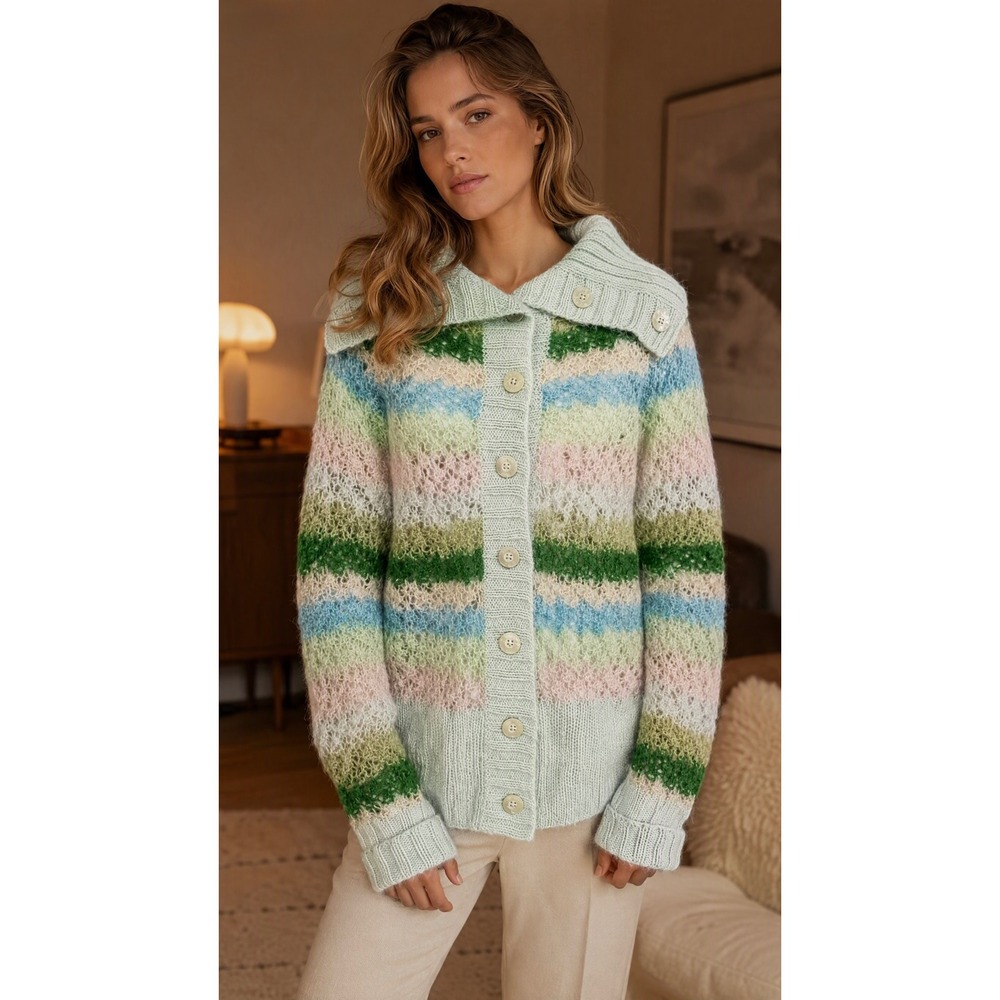 Free People‎ Stripe Cardigan Pastel Green, Pink, Blue Shawl Collar Wool Blend  M